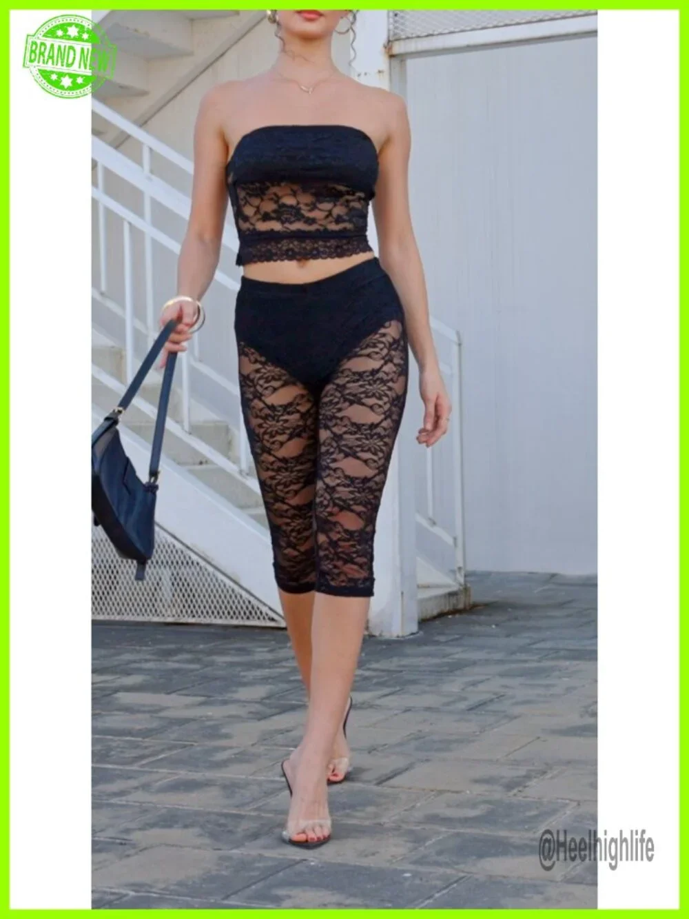 Lace Trim Capri Leggings High Waist See Through Cropped Pants